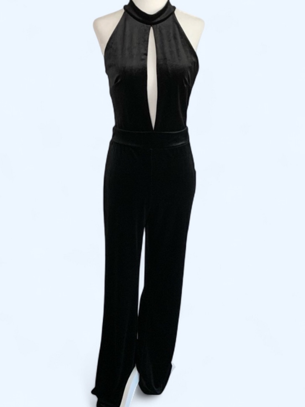 Stella Luce Black Velvet Halter Jumpsuit with Keyhole Front
